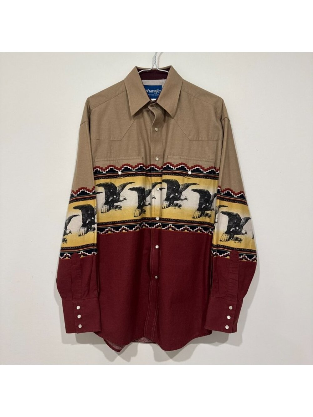 Vintage 1990s Wrangler Western Pearl Snap Button Shirt Eagle Aztec Size M NOS